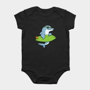 Dolphin with sunglasses as surfer with surfboard Baby Bodysuit